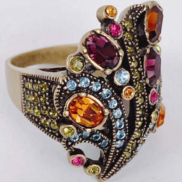 Signed Heidi Daus Swarovski Crystal Colorful Gold Tone Cocktail Ring Size 6.75 - Picture 3 of 10